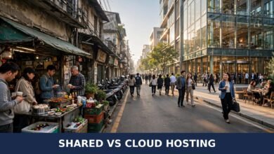 Small street food stall on a shared street next to a tall modern glass building — a visual metaphor for a website outgrowing shared hosting and moving to cloud hosting