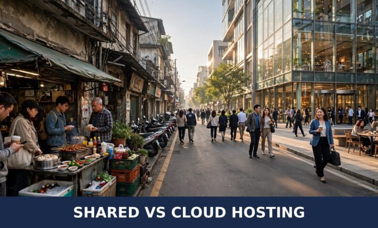Small street food stall on a shared street next to a tall modern glass building — a visual metaphor for a website outgrowing shared hosting and moving to cloud hosting