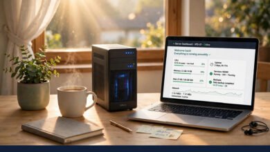 Bright cozy home office desk with a small glowing server tower beside a laptop showing a friendly server dashboard, warm morning light and a small plant — the feeling of owning your first VPS server