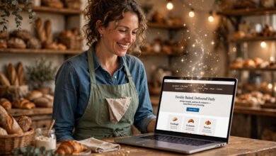 Warm photo of a small bakery owner smiling behind the counter while a laptop shows a freshly built bakery website with soft glowing AI sparkle effects, cozy shop interior in warm light