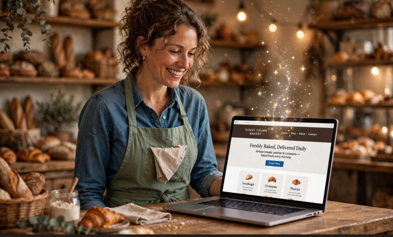 Warm photo of a small bakery owner smiling behind the counter while a laptop shows a freshly built bakery website with soft glowing AI sparkle effects, cozy shop interior in warm light