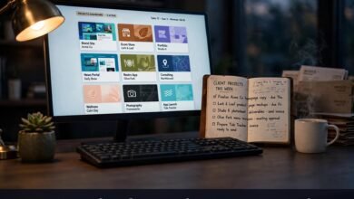 Freelancer's desk at night with a monitor showing a client projects dashboard of multiple websites