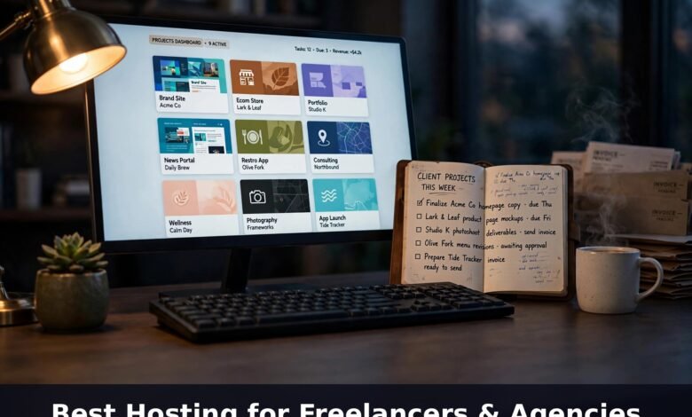Freelancer's desk at night with a monitor showing a client projects dashboard of multiple websites