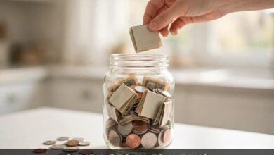 52 week money saving challenge — hand dropping cash into a glass savings jar