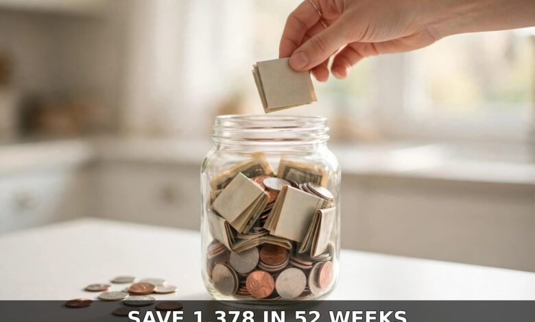 52 week money saving challenge — hand dropping cash into a glass savings jar