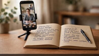 Best AI tools for interview preparation 2026 — phone recording a mock interview practice session