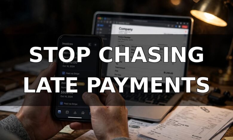 Free AI invoice generator for freelancers — phone showing paid and pending invoices beside a laptop