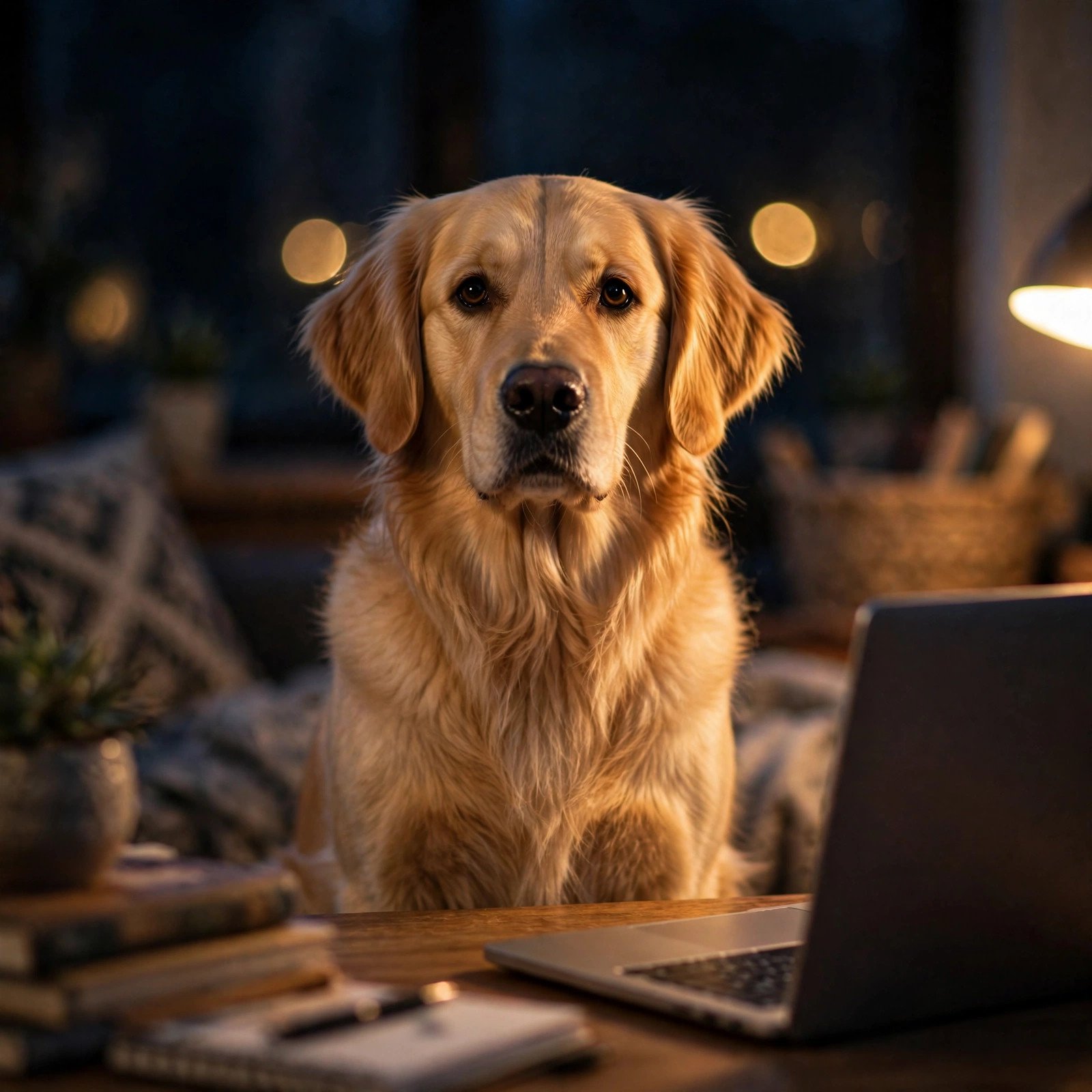 Golden retriever sitting beside a laptop at night like a loyal teammate on your job hunt