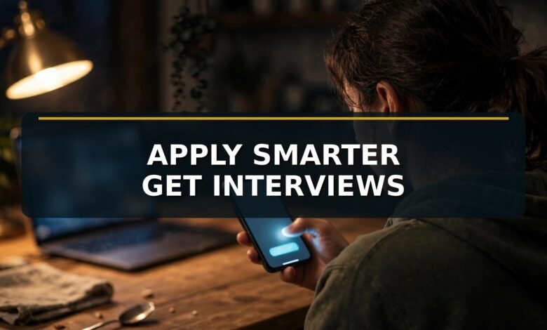 Job seeker tapping apply on a phone at a warm-lit kitchen table late at night — smart AI tools for job applications 2026