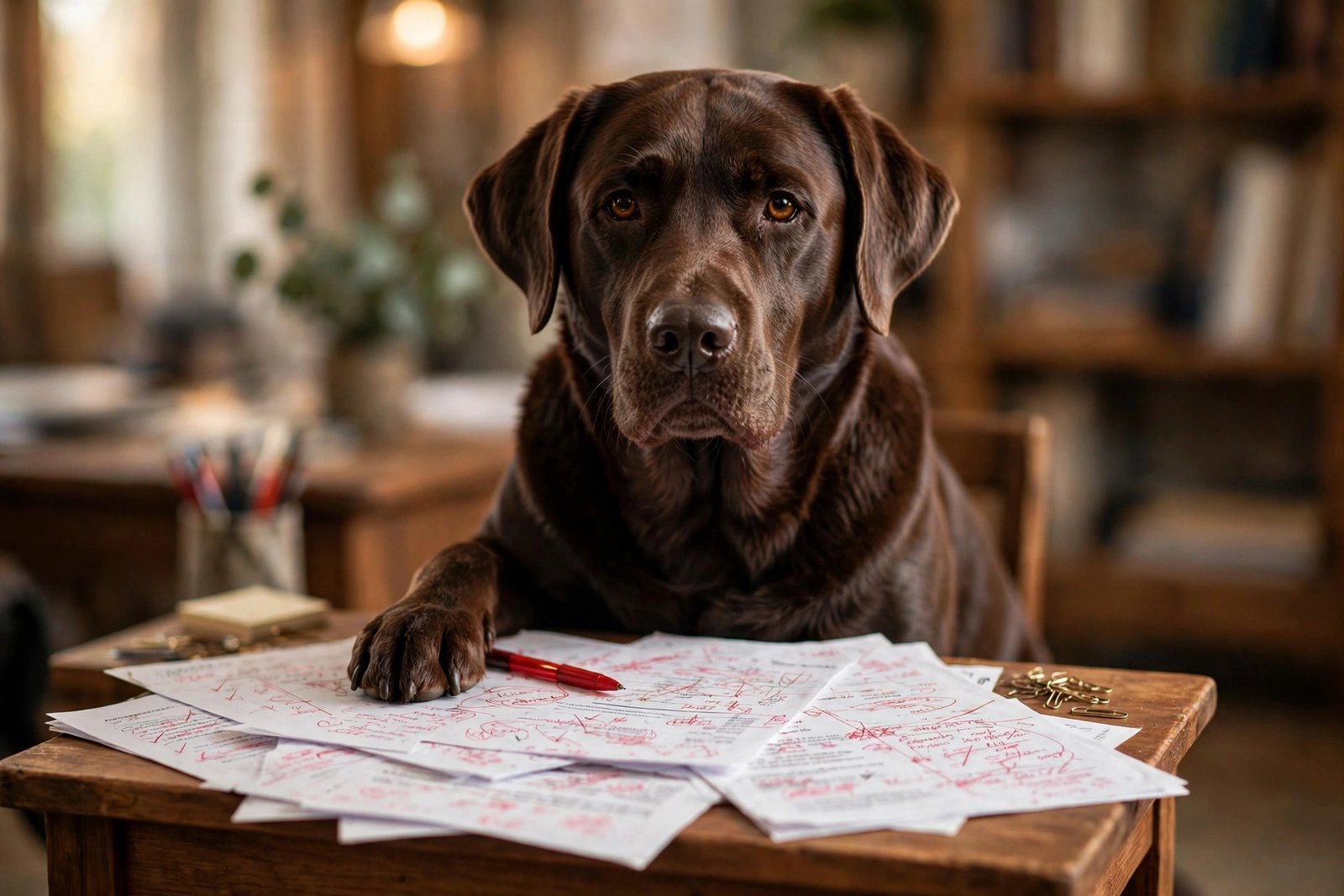 Labrador proposal editor reviewing printed client proposals with a red pen