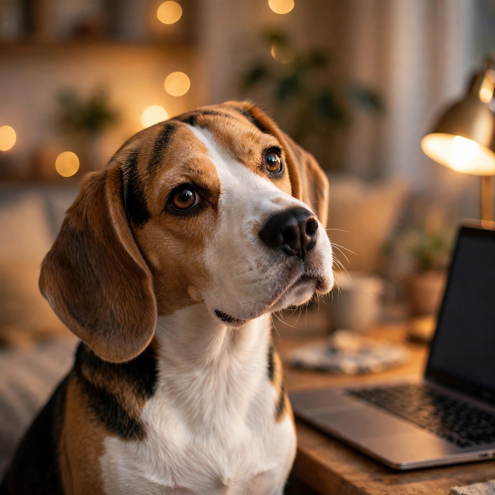 Beagle dog supervising its owner's AI side hustle at a home desk