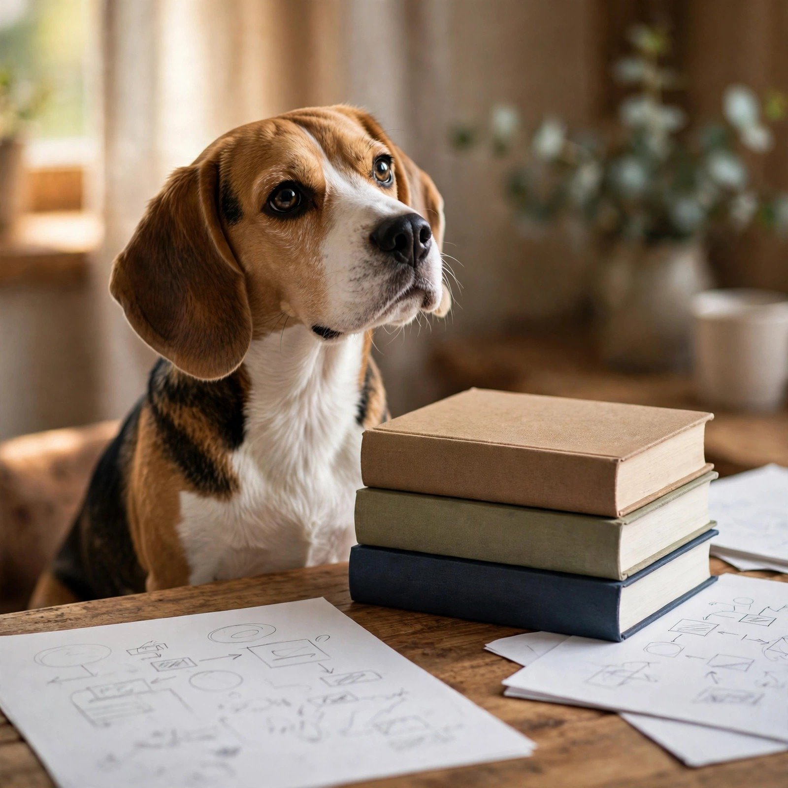 Beagle sitting beside textbooks and study notes, ready for a revision session - Furveko pet guides