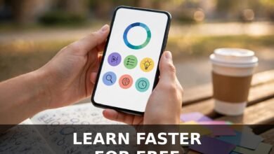 Student holding phone with study app beside handwritten notes and flashcards outdoors - Best AI Tools for Students 2026