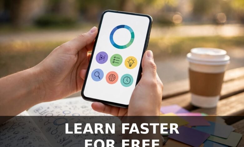 Student holding phone with study app beside handwritten notes and flashcards outdoors - Best AI Tools for Students 2026