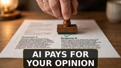 Hand checkmarking AI chatbot response comparison at evening desk - AI trainer jobs for beginners