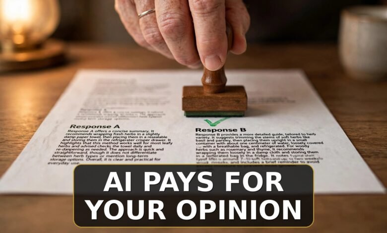 Hand checkmarking AI chatbot response comparison at evening desk - AI trainer jobs for beginners