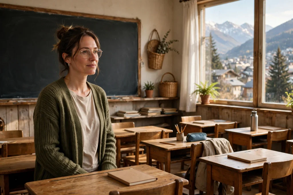 Teacher in a bright classroom in a mountain town