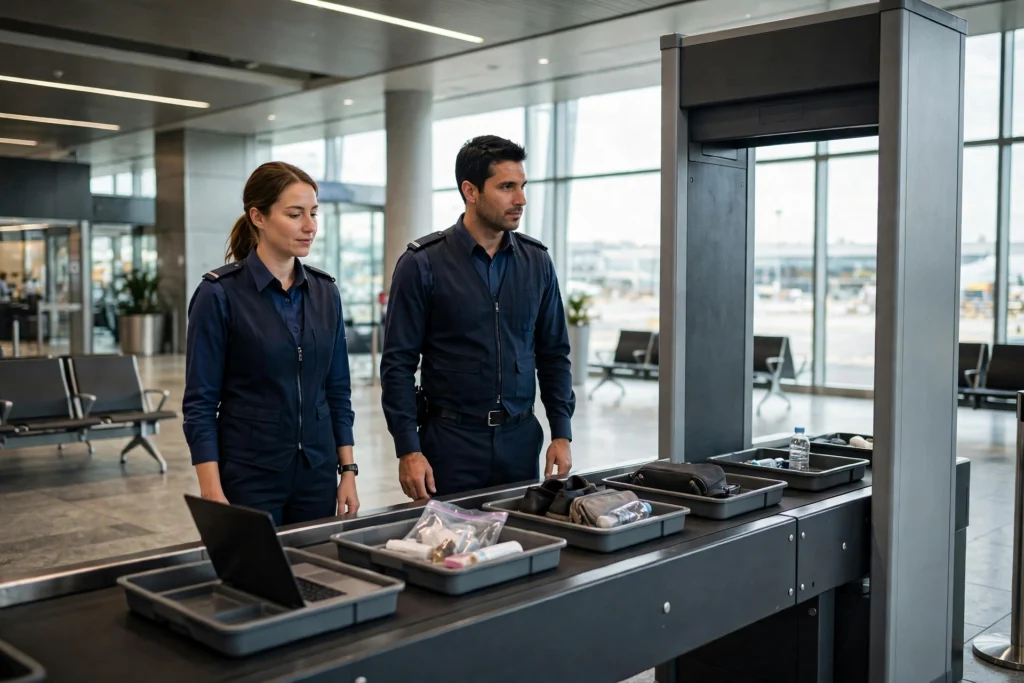 Airport security staff at a checkpoint with a metal detector