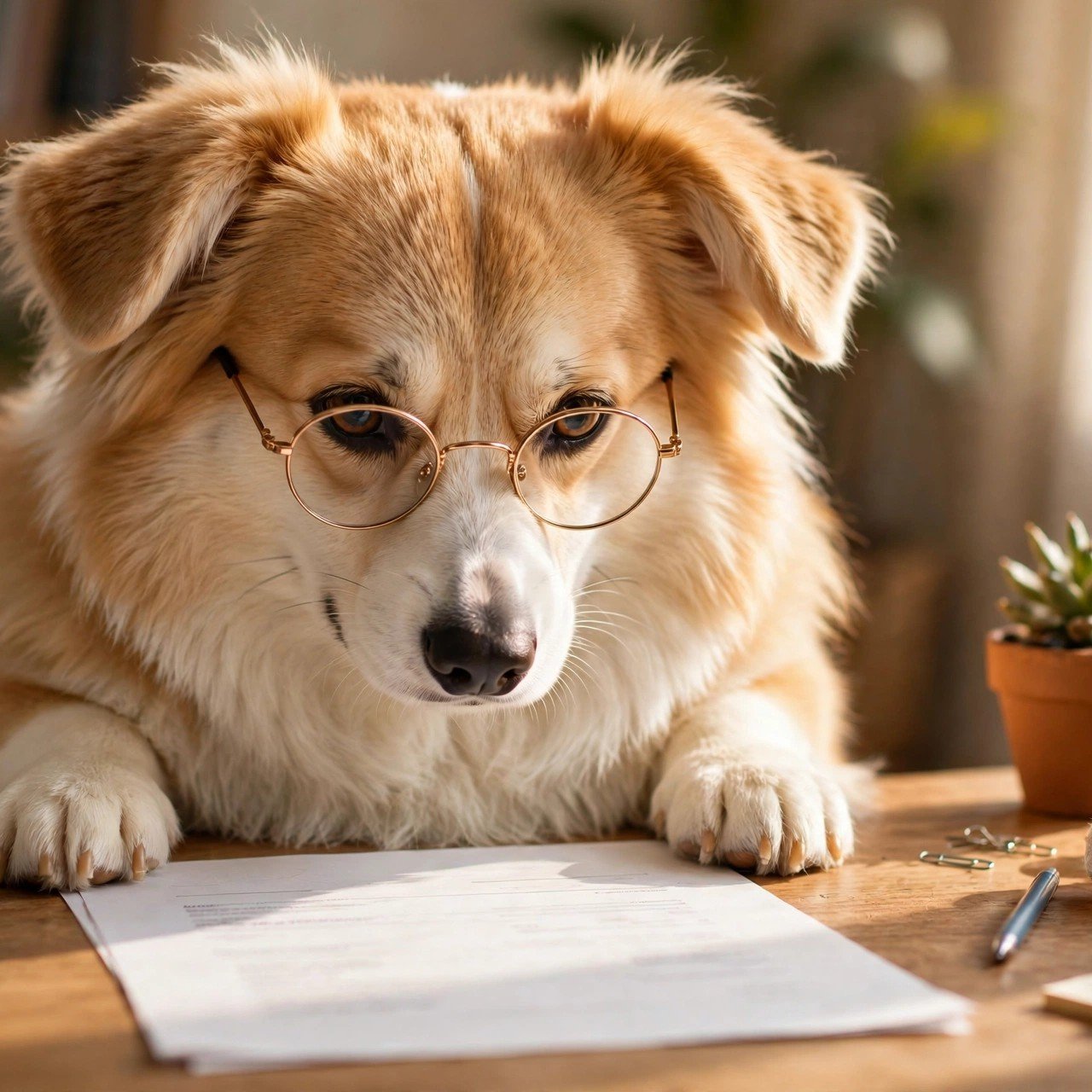 Corgi with reading glasses scanning a printed resume