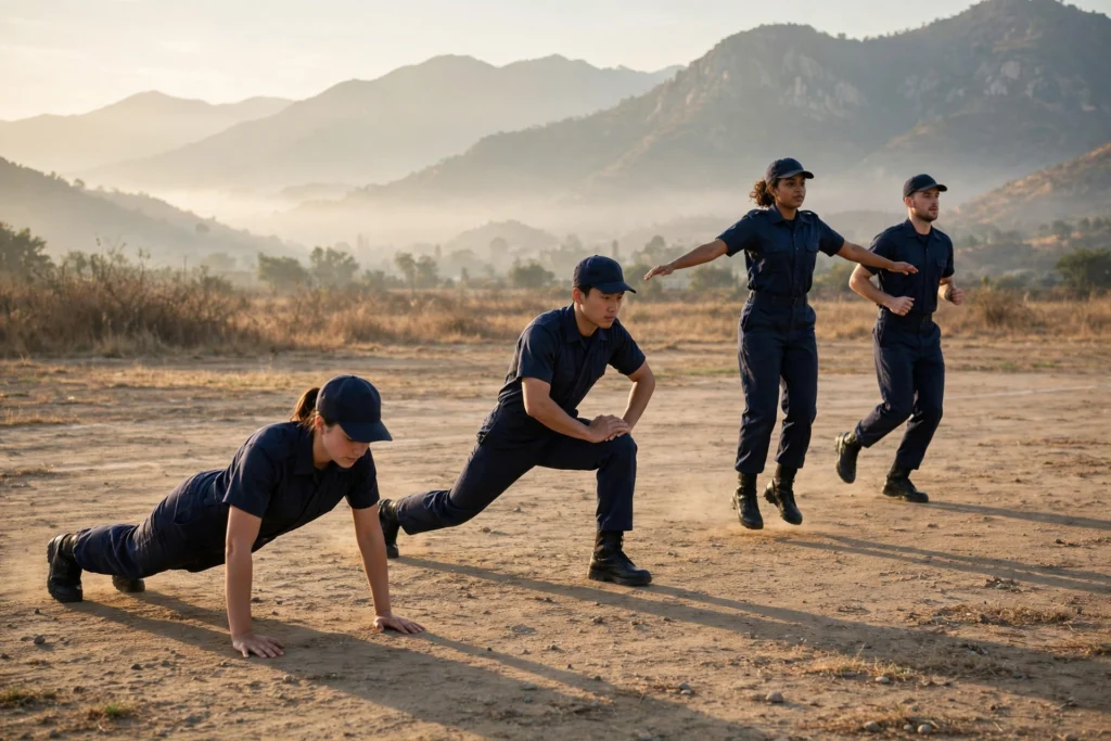 Police cadets training on a parade ground with mountains behind