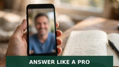 Hand holding smartphone showing a video interview next to STAR interview notes — behavioural interview questions 2026 UK guide