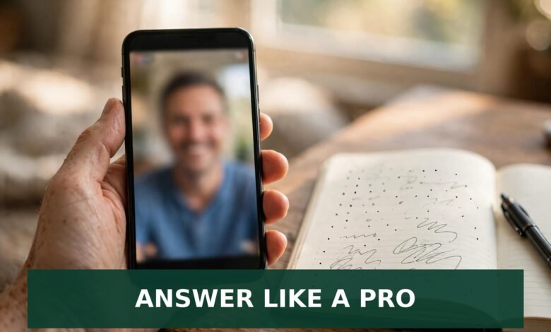 Hand holding smartphone showing a video interview next to STAR interview notes — behavioural interview questions 2026 UK guide