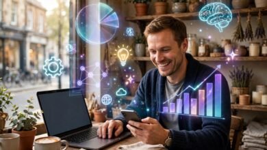UK small business owner using free AI tools on a laptop in a British high street shop