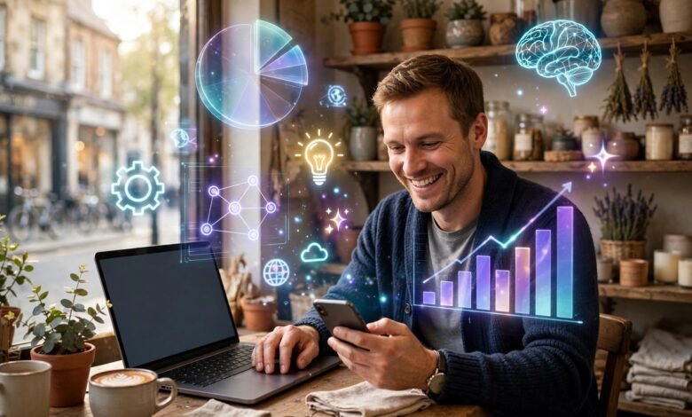 UK small business owner using free AI tools on a laptop in a British high street shop