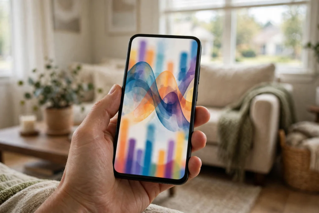 Hand holding a smartphone with a finance chart in a living room