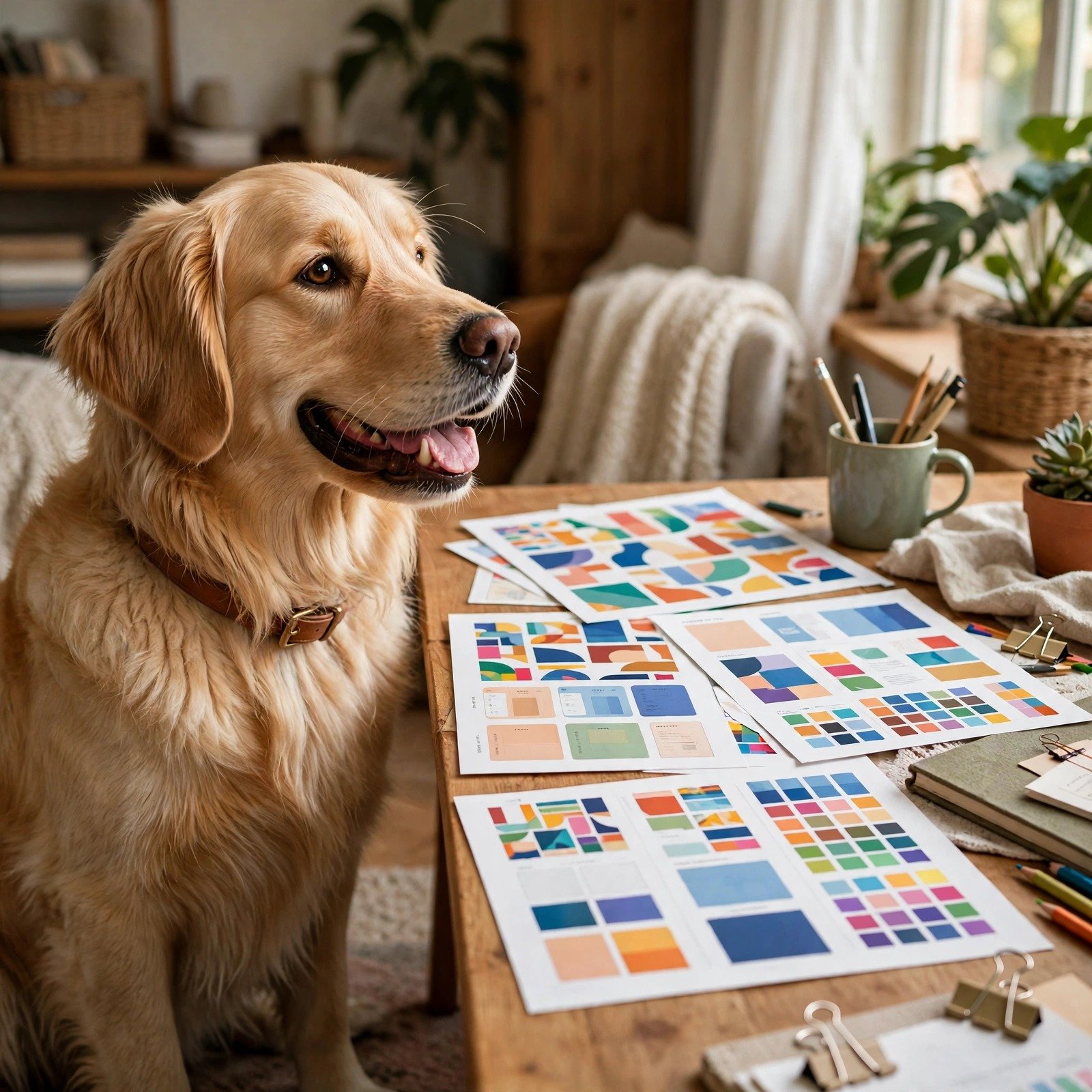 Golden retriever approving colorful design mockups