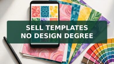 Sell Canva templates online in 2026 - phone showing colourful template designs, printed mockups and colour swatches