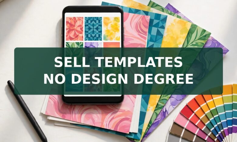 Sell Canva templates online in 2026 - phone showing colourful template designs, printed mockups and colour swatches