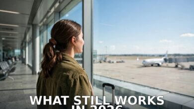 Woman with suitcase looking out at an airplane through an airport terminal window — what still works in 2026