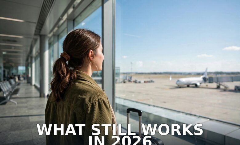 Woman with suitcase looking out at an airplane through an airport terminal window — what still works in 2026