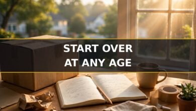 Career change success stories — packed moving box and notebook with a new career plan in morning light