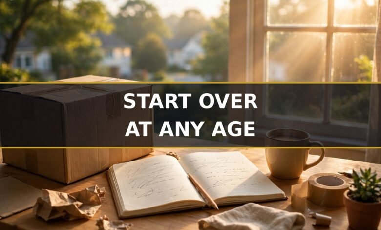Career change success stories — packed moving box and notebook with a new career plan in morning light