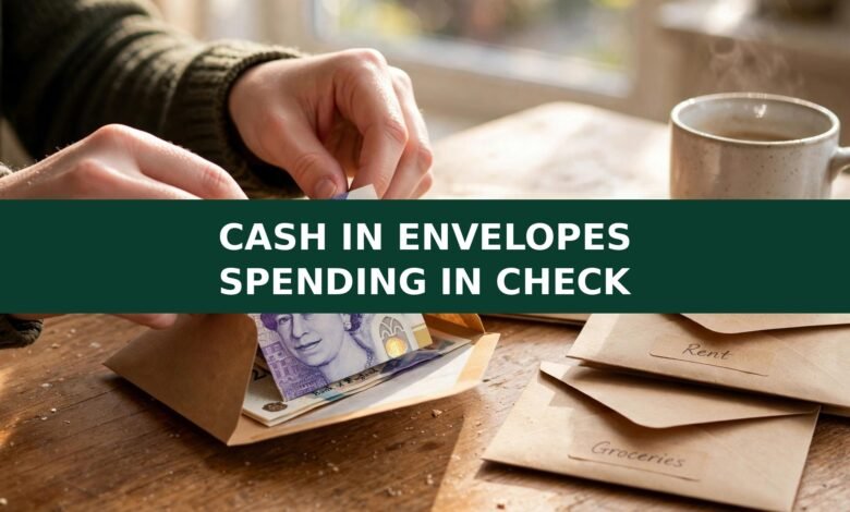 Hands stuffing pound notes into labelled budget envelopes on a kitchen table - cash stuffing UK beginner guide