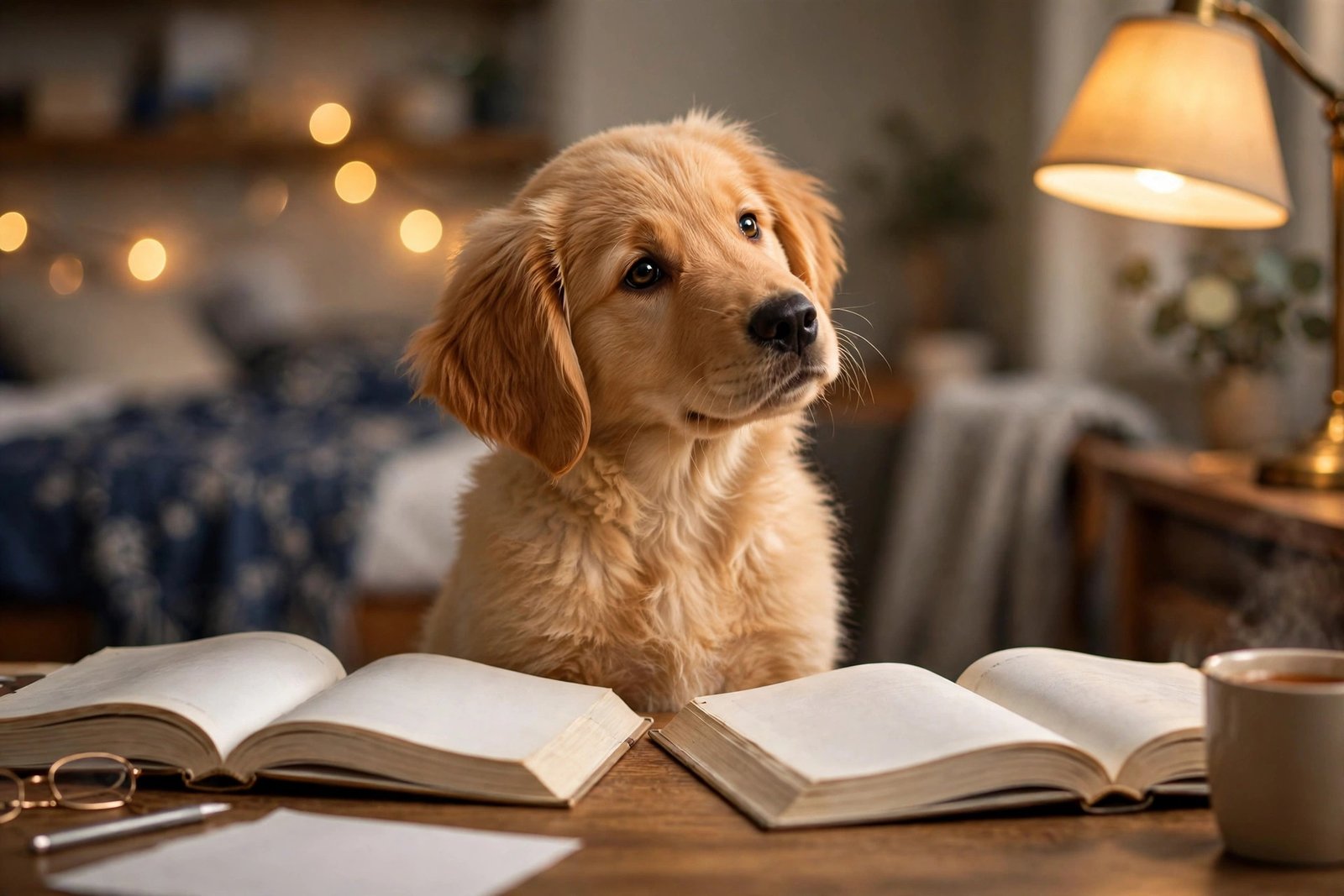 Golden retriever puppy studying with open textbooks - your perfect study buddy