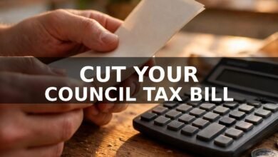 Hands holding a council tax bill beside a calculator and pound coins