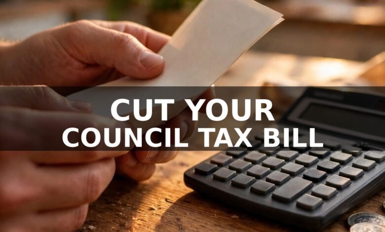 Hands holding a council tax bill beside a calculator and pound coins