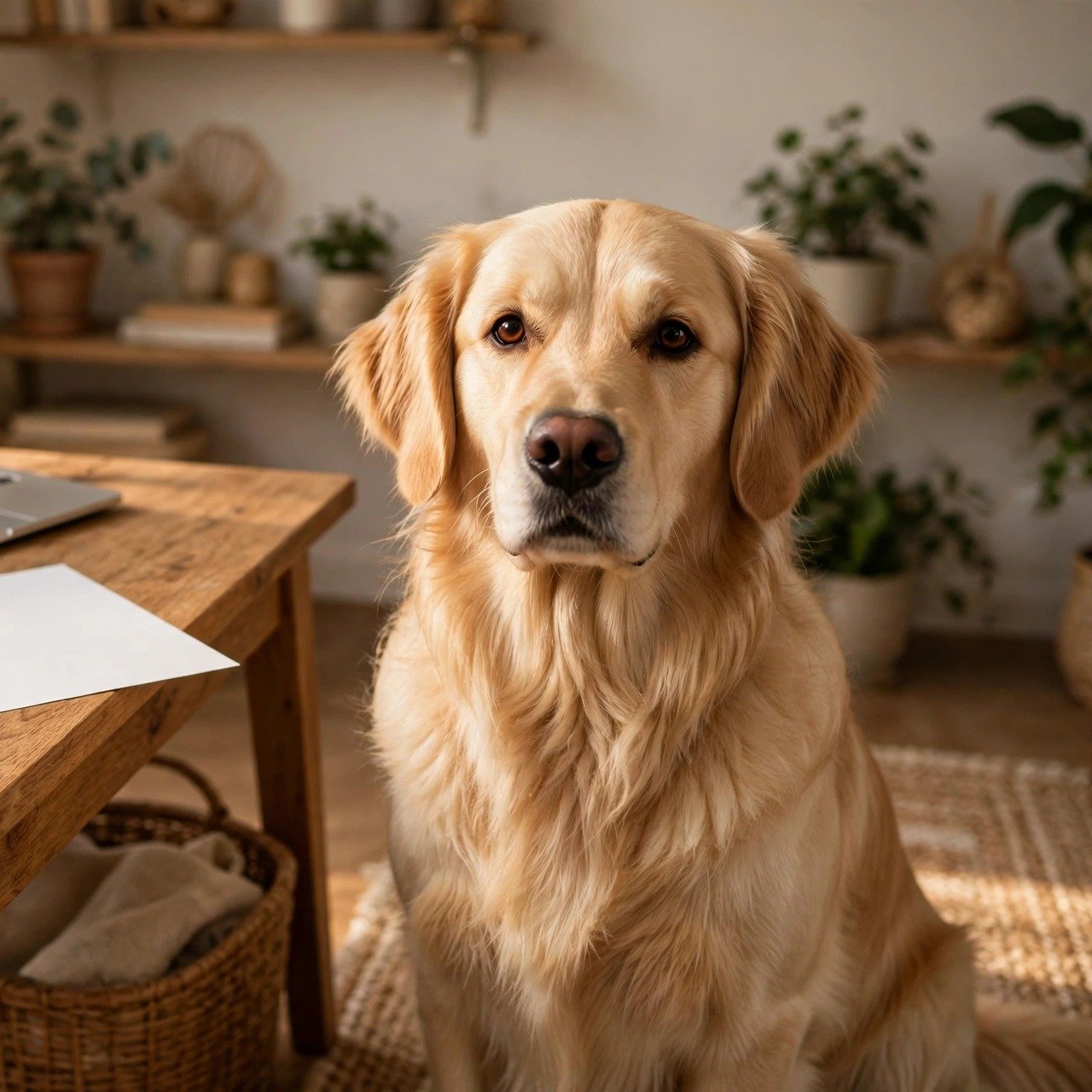 Golden retriever sitting beside a desk with a printed letter, ready to cheer you on