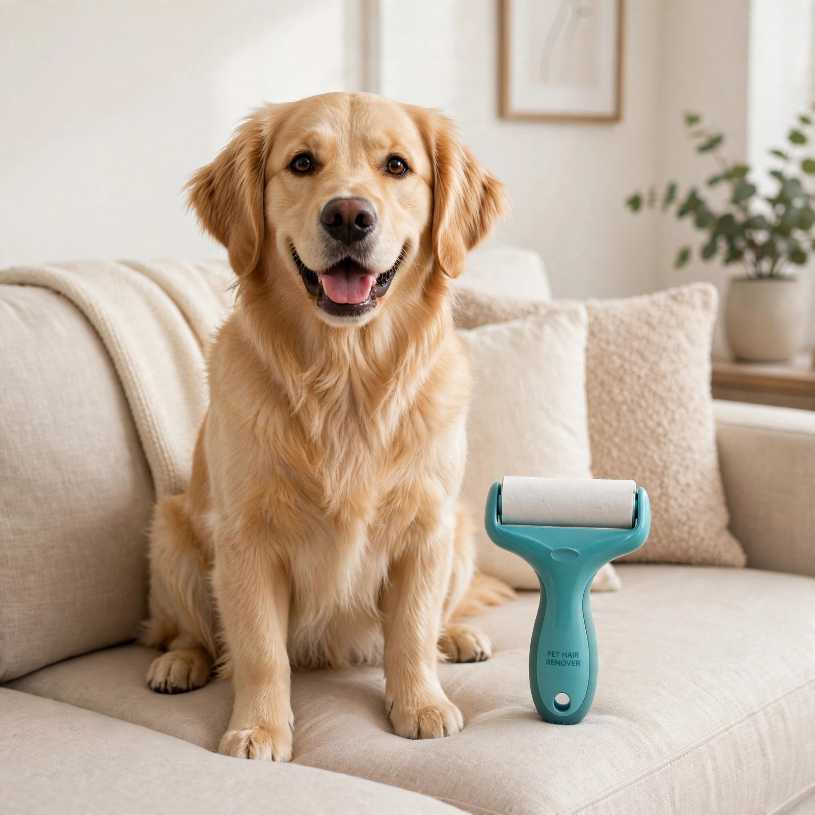 Cute golden dog next to a pet hair remover roller
