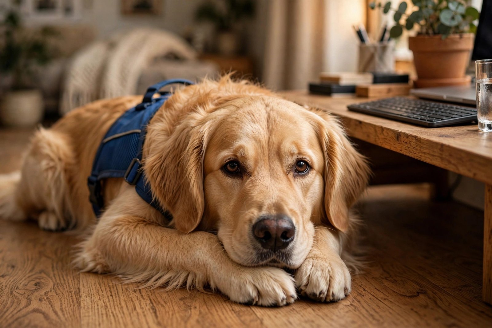Golden retriever in a blue service-dog vest resting beside a home office desk