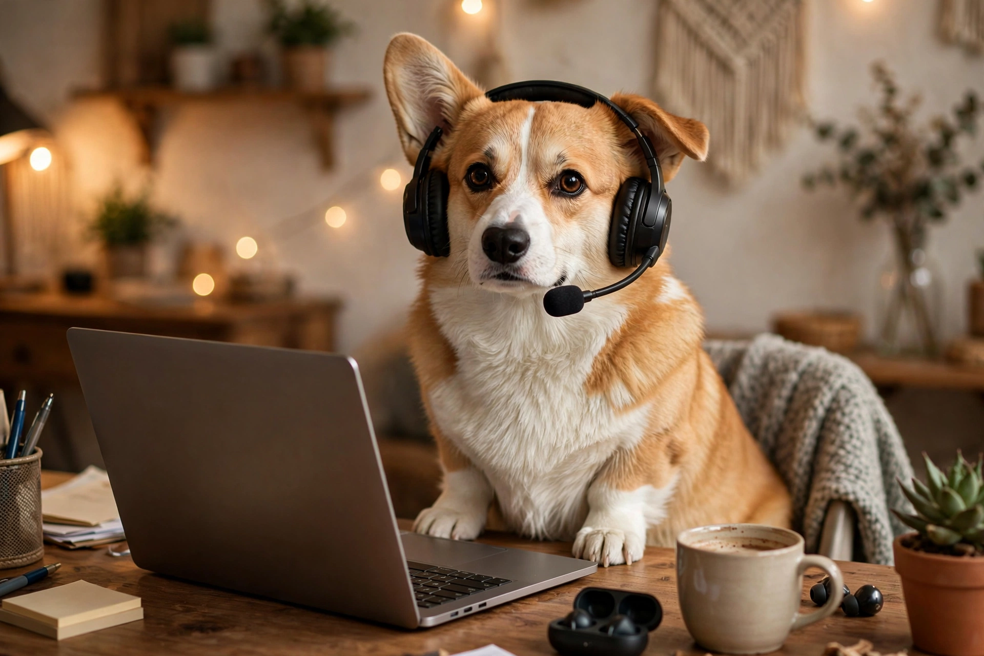 Corgi dog wearing a gaming headset, moderating like a pro
