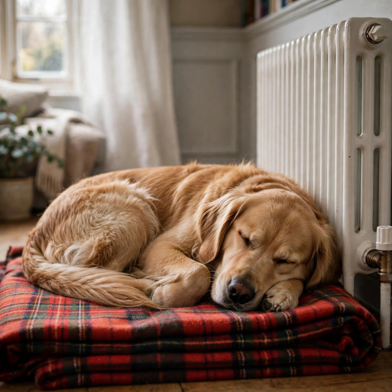 Golden retriever asleep on a blanket beside a warm radiator