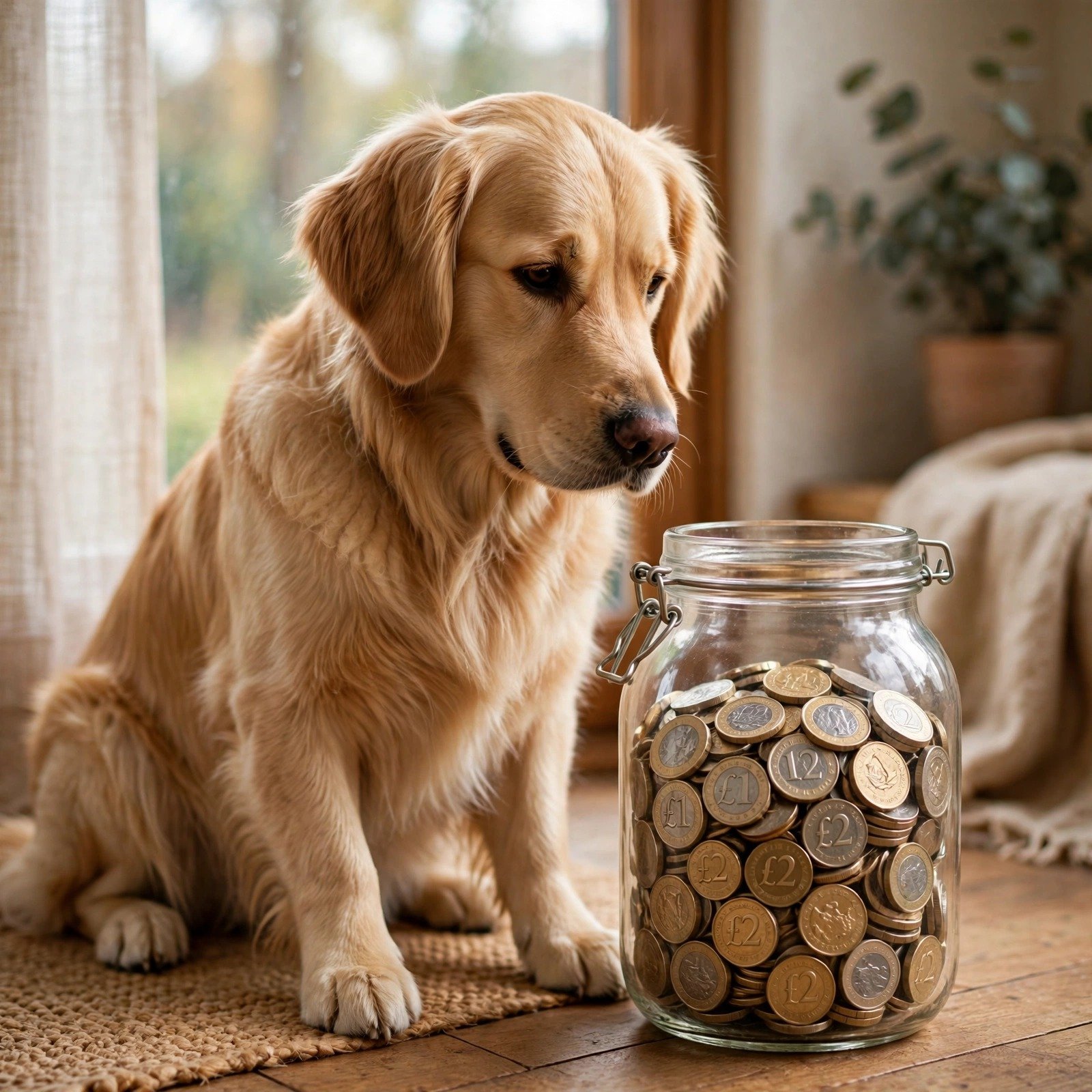 Golden retriever guarding a glass jar of pound coins