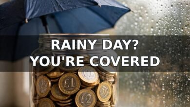 Rainy-day savings jar full of pound coins and banknotes by a rainy window — how to build an emergency fund UK