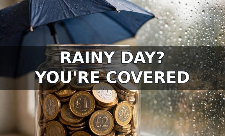 Rainy-day savings jar full of pound coins and banknotes by a rainy window — how to build an emergency fund UK