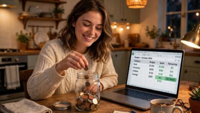 Young woman building an emergency fund at home by saving coins in a glass jar