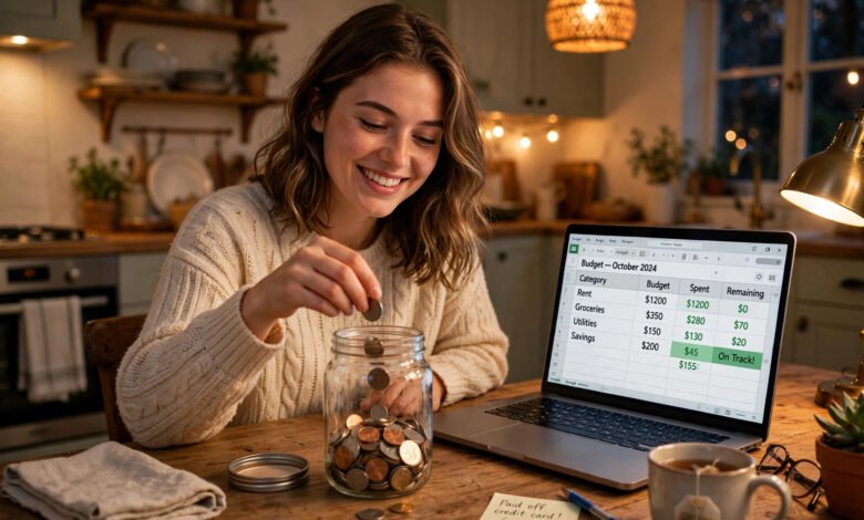 Young woman building an emergency fund at home by saving coins in a glass jar